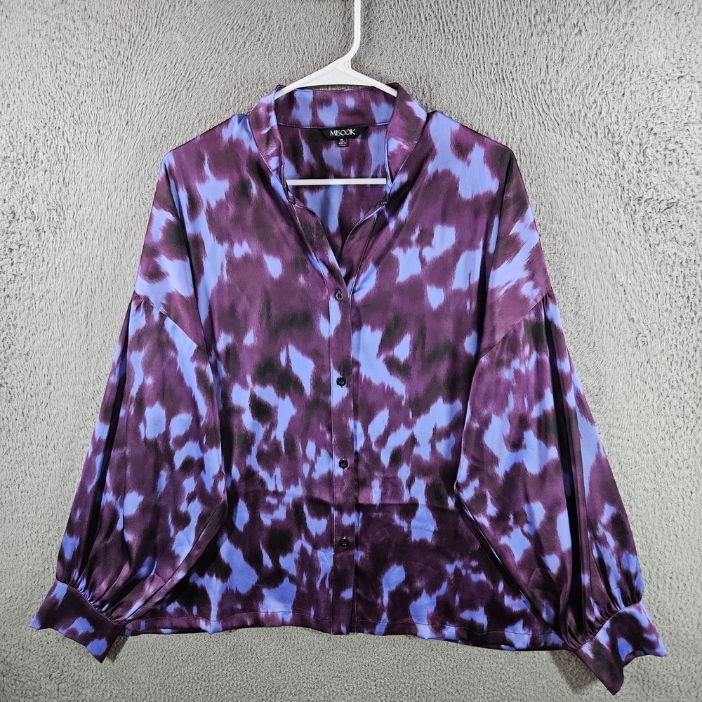 Misook Womens XL Purple Blue Abstract Satin Button Down Blouse Top Long Sleeve